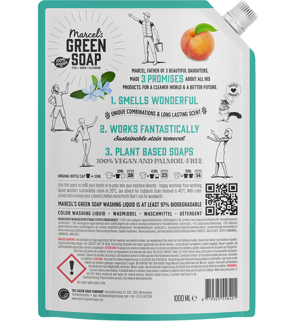 Marcel’s Green Soap Wasmiddel Kleur Peach & Jasmine Navulling (1000 ml)