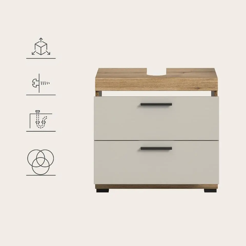 Hioshop Scout wastafel 2 lades kasjmier decor mat- eiken decor