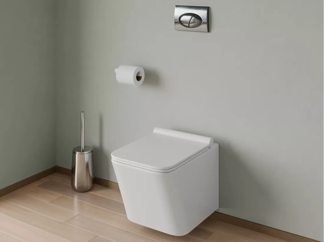 Pack WC suspendu blanc avec bâti-support et plaque de déclenchement chrome ovale - CLEMONA