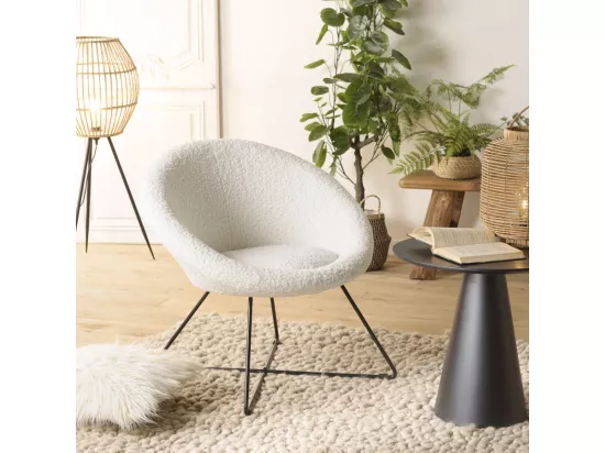 ALBANE - Fauteuil tissu bouclette blanc pieds croisés métal noir