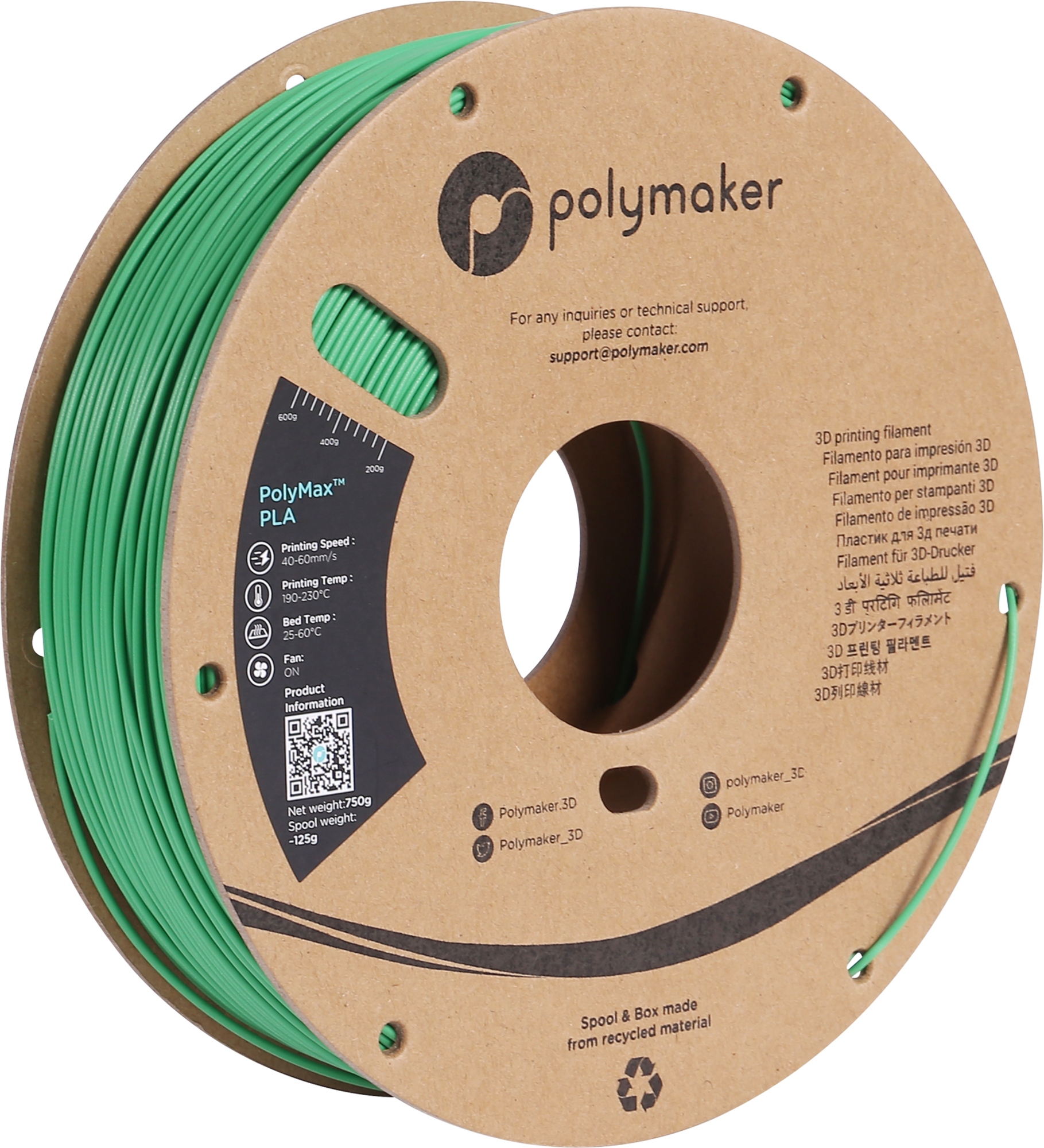 Polymaker  PolyMax PLA Grün, 1,75 mm (750 g)    Das grüne Filament mit 9-fach höherer Belastbarkeit als herkömmliches PLA