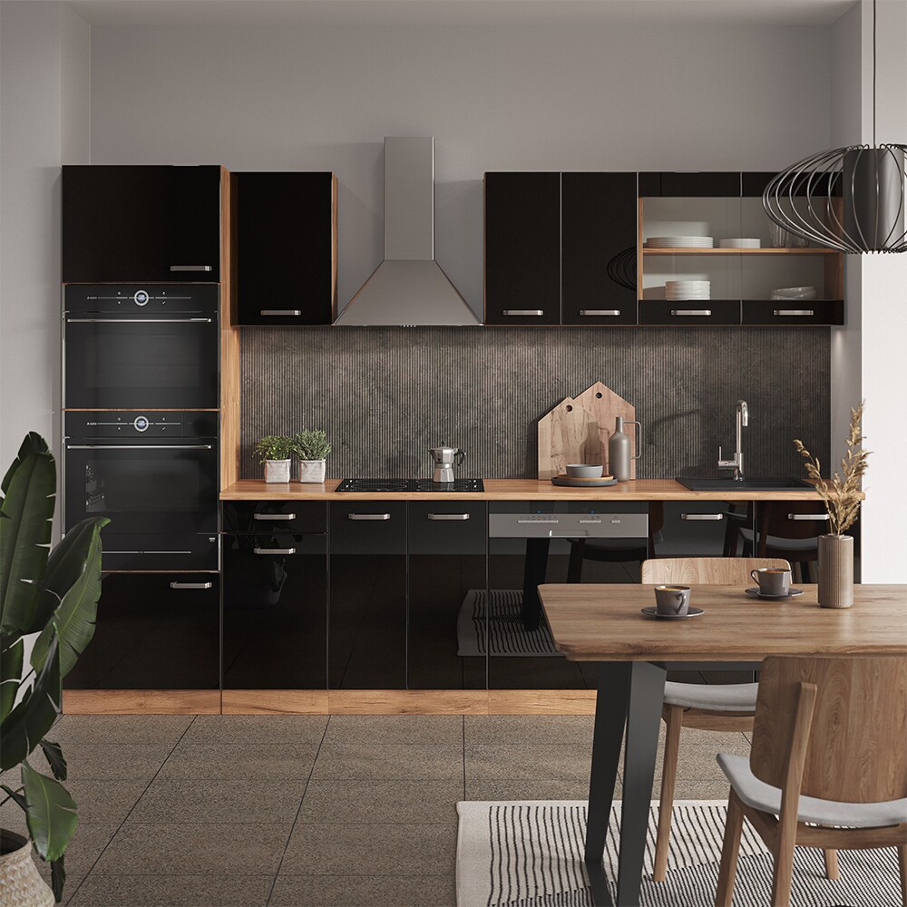 Vicco Küchenzeile R-Line Solid Eiche Schwarz 300 cm modern Küchenschränke Küchenmöbel