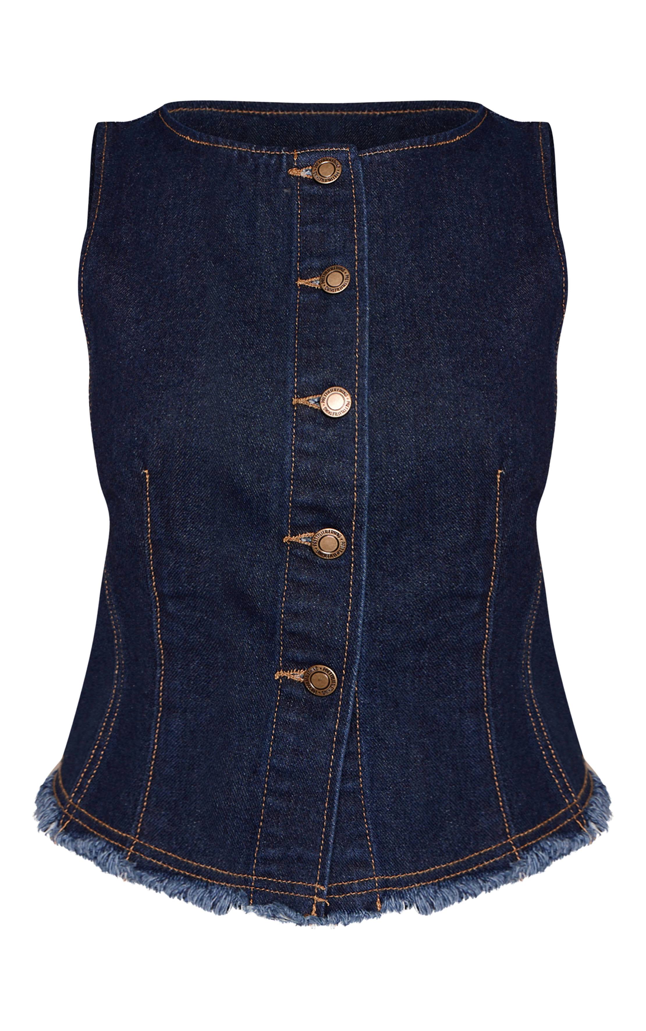 Bleu Indigo Gilet Long Ajusté Sans Manches En Denim Petite