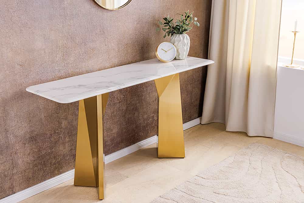 Design Konsolentisch EXTRAVAGANCIA 140cm weiß Marmor brushed champagner gold Metall