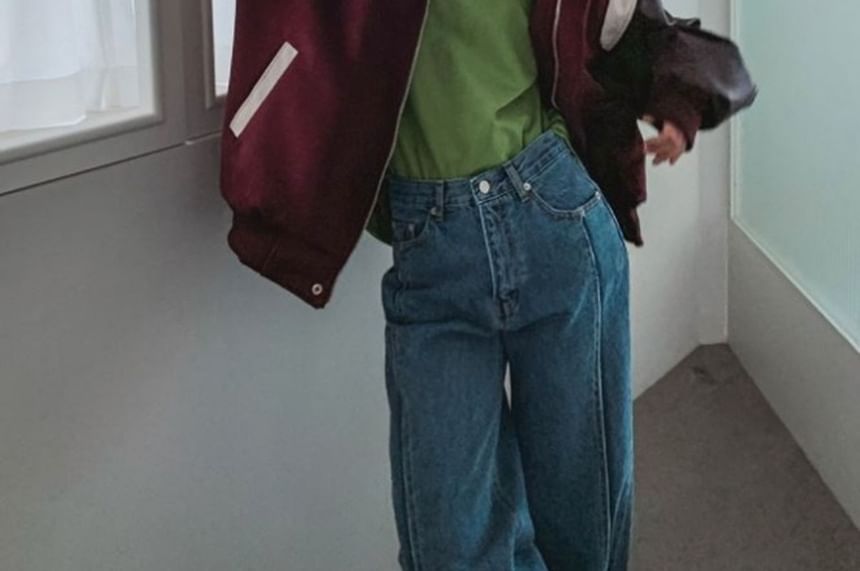 SeoulPop - Unisex Color-Block Faux Leather Baseballjack