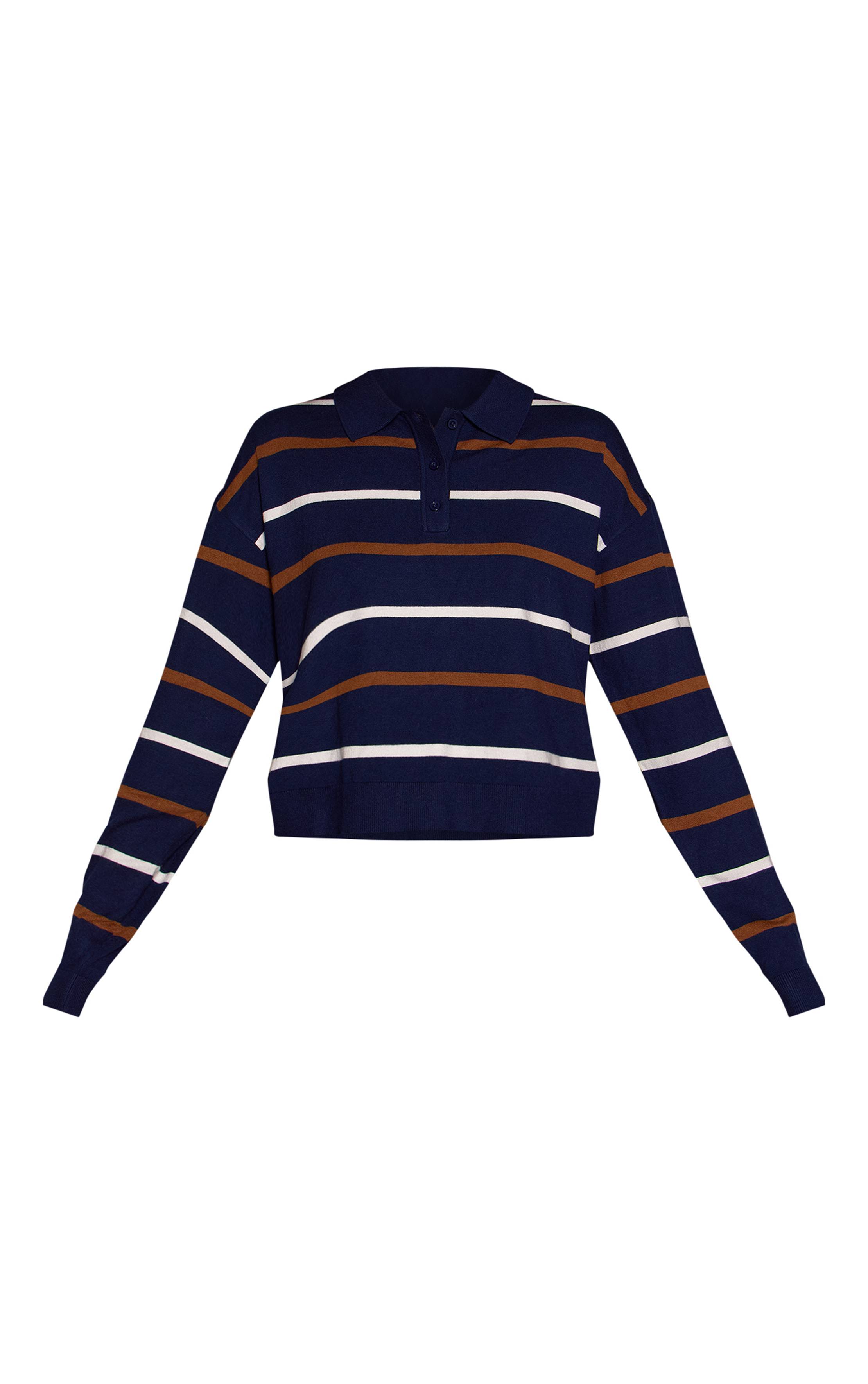 Bleu Marine Polo En Maille Rayée À Manches Longues Style Rugby