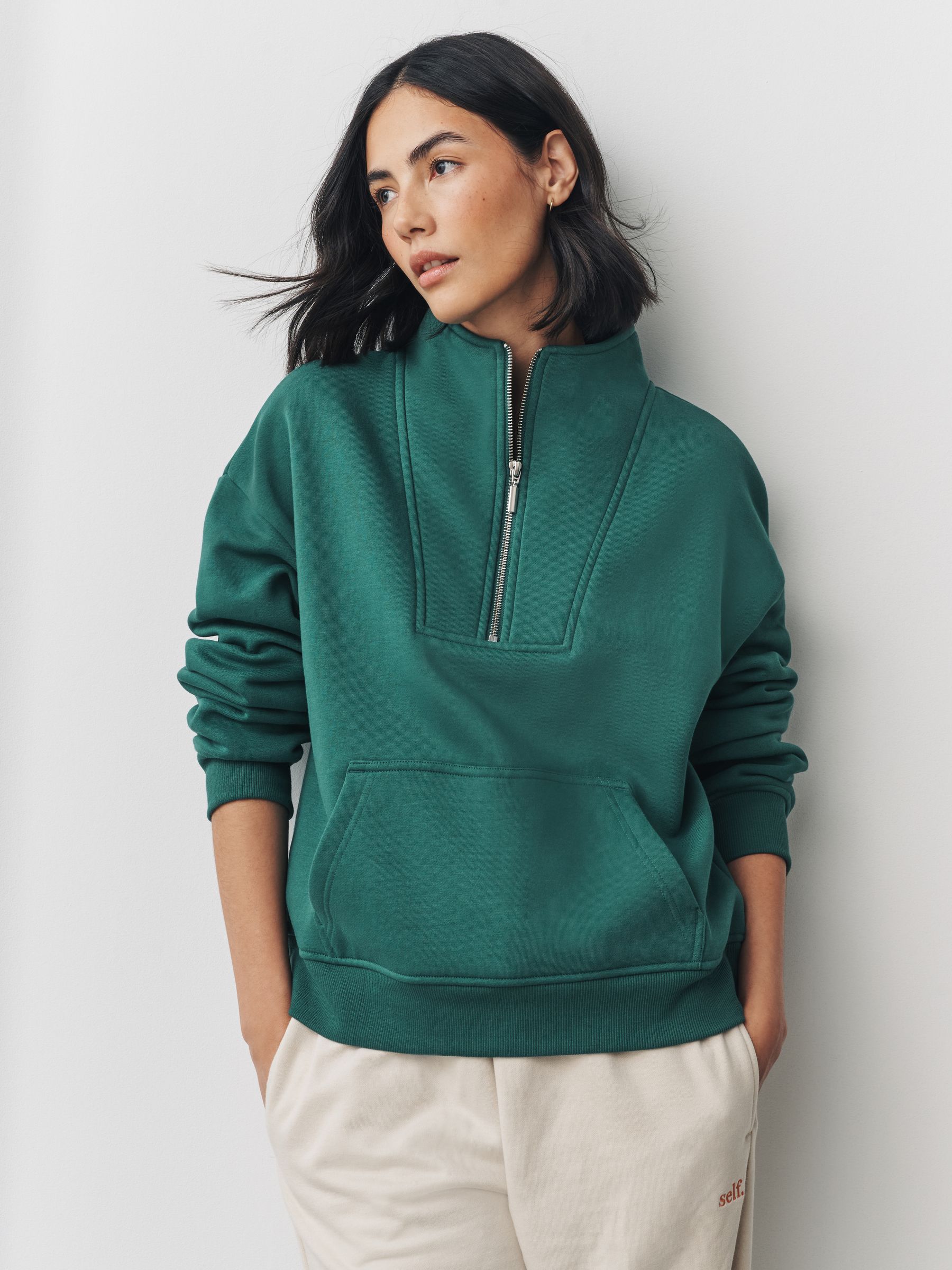 Blauwgroen - Relaxed fit sweatshirt van zware katoenrijke jersey met ritssluiting bij de hals
