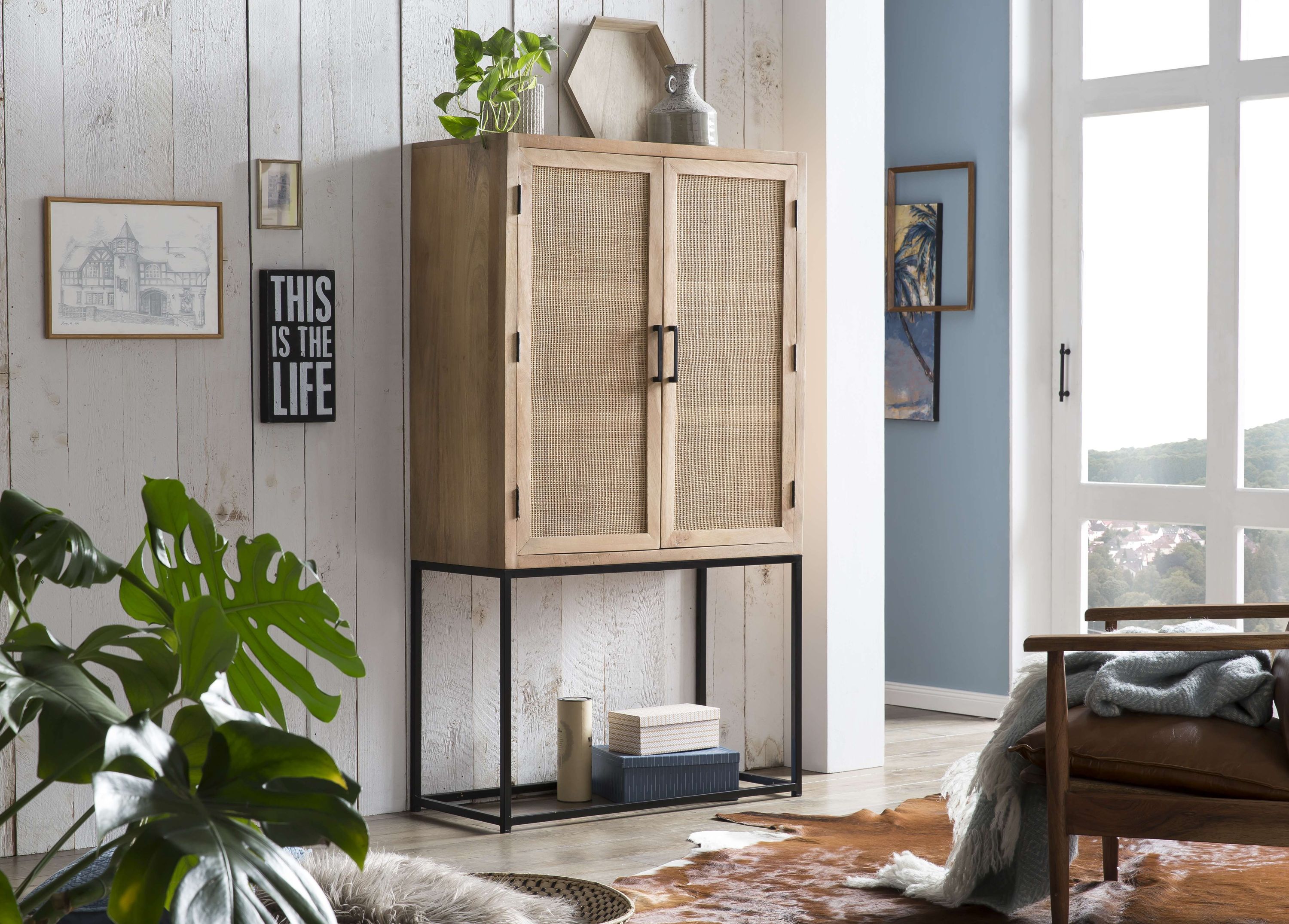 Highboard Cane Mangoholz natur Kommode Sideboard Wohnzimmer Esszimmer Schrank