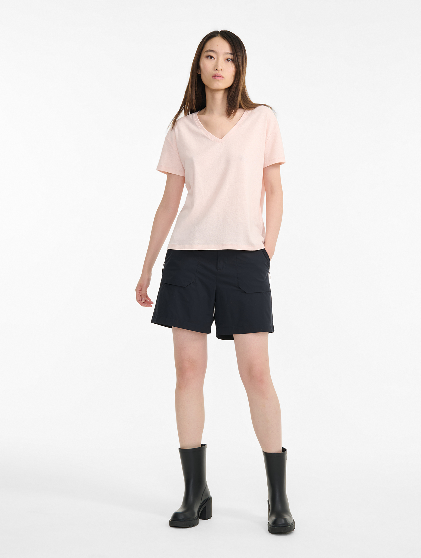 T-shirt col V en coton et lin ANTIQUE ROSE