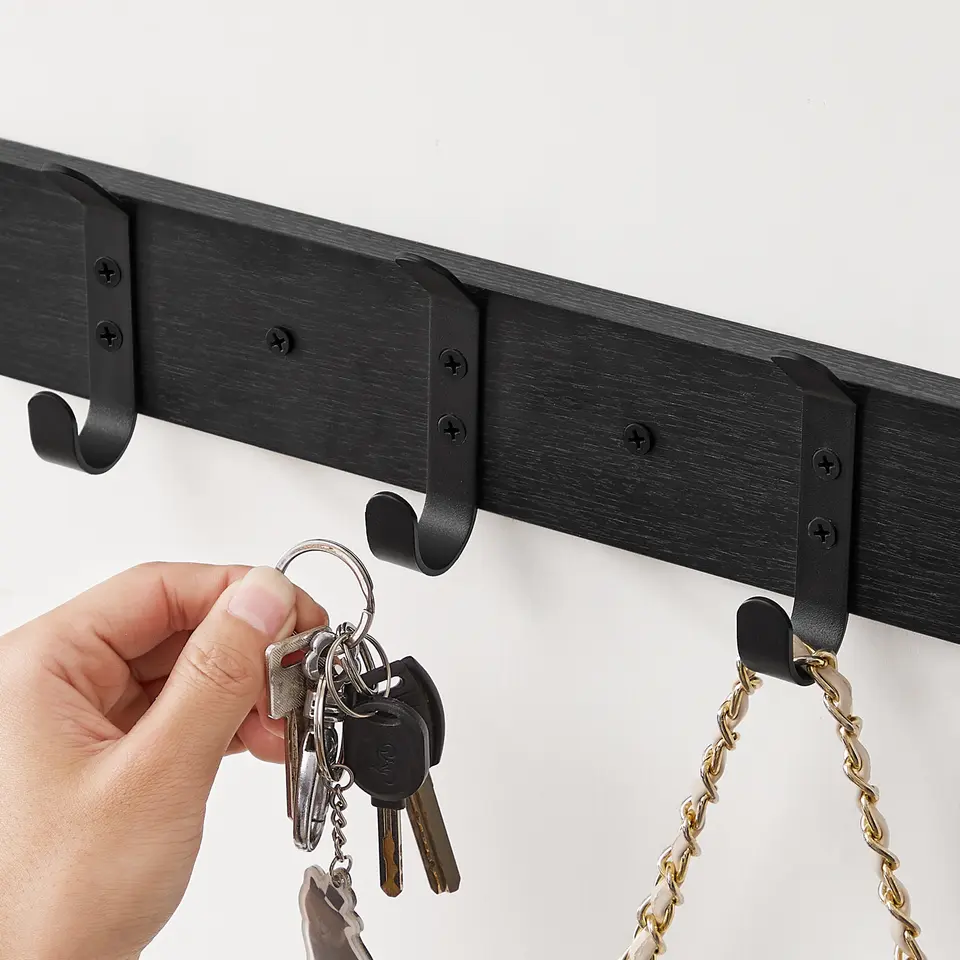 Wandkapstok met 6 Haken - compacte houten Muurkapstok - Zwart