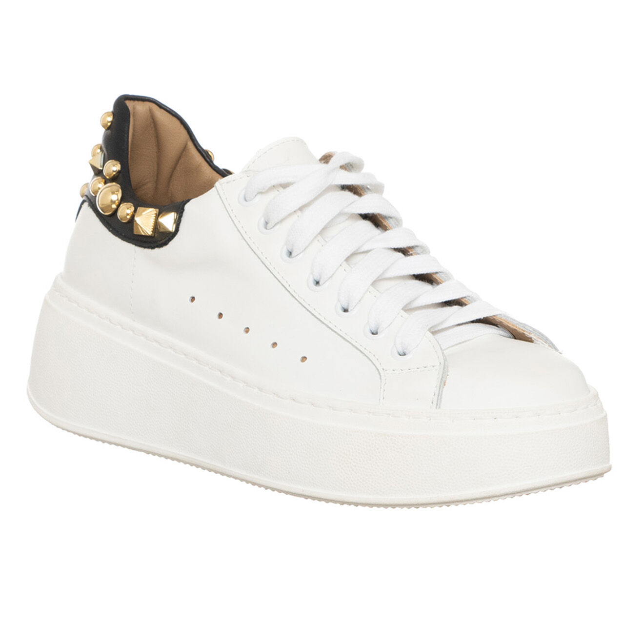 Loretta Pettinari Sneakers en Cuir Elio blanc/noir/doré - Plateforme 5 cm