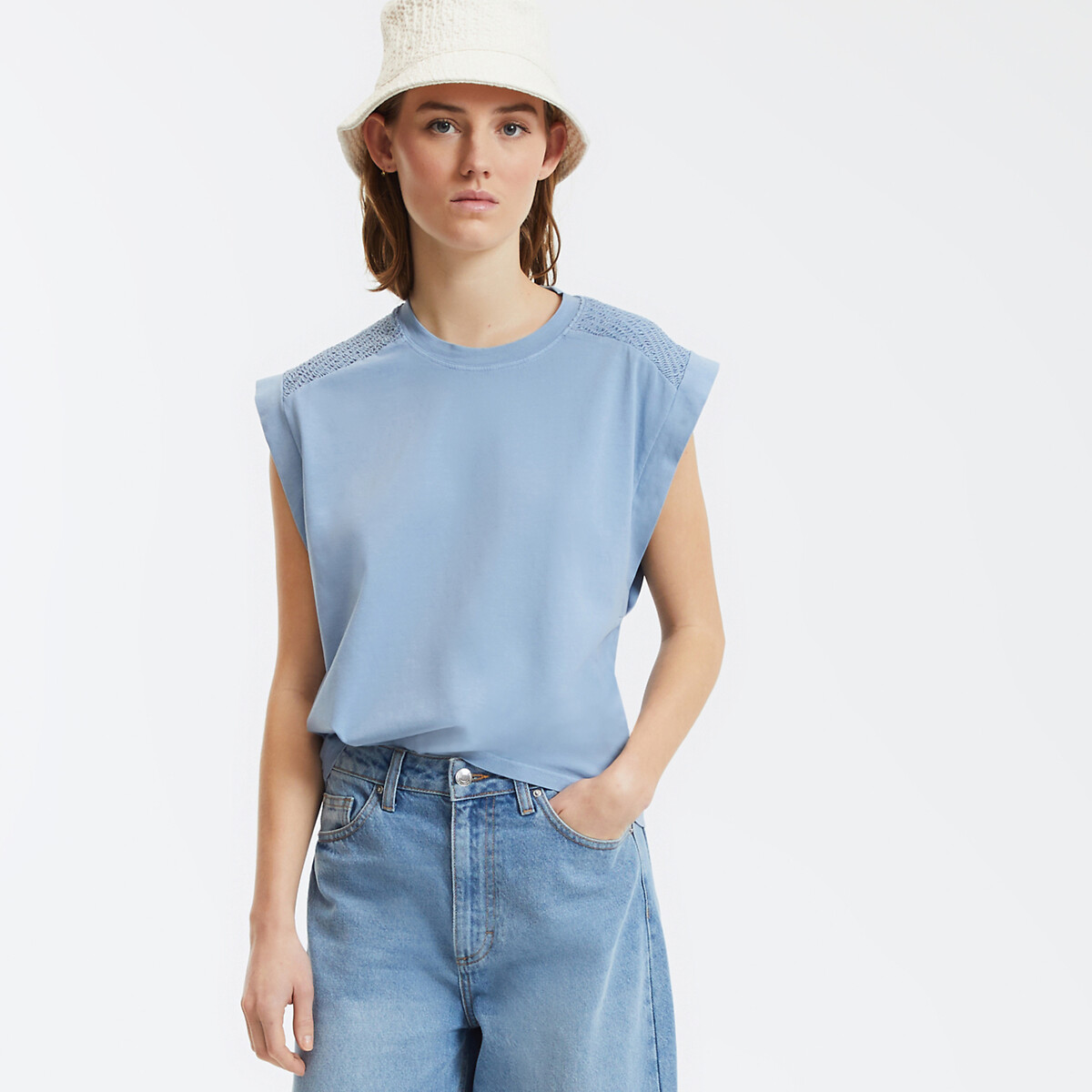 COLEÇÃO LA REDOUTE<br>Camiseta sem mangas com gola redonda e ombros franzidos