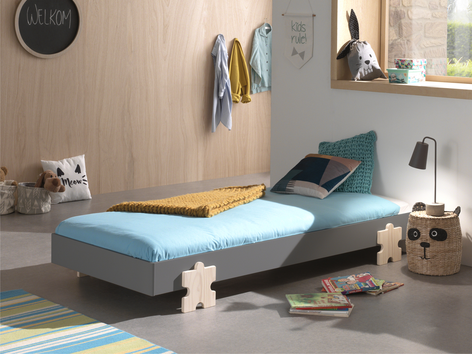 Einzelbett MODULO - grau - stapelbar - Puzzle - 90x200 cm