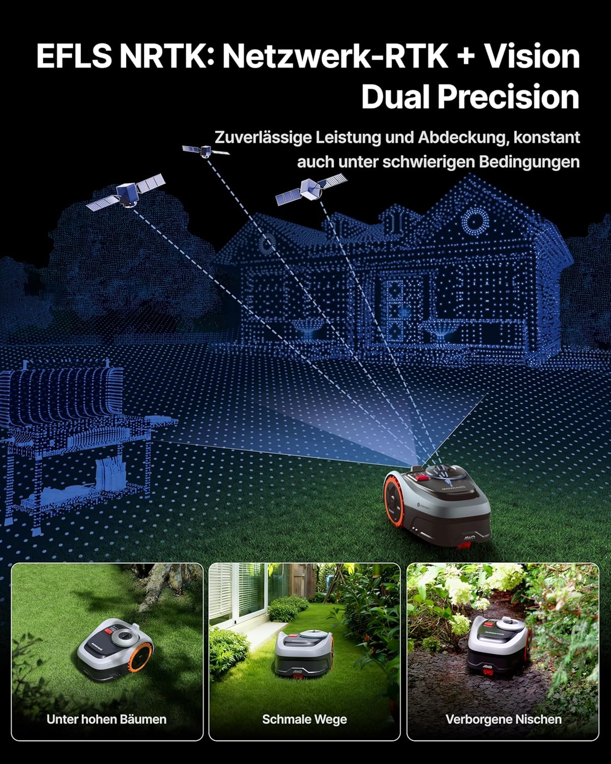 Navimow i205 AWD Mähroboter ohne Begrenzungskabel mit Garage S, Allradantrieb für Steigungen bis zu 45%, EFLS NRTK + Vision, Empf. 500 m², Keine RTK-Antenne erforderlich (Getrennt versandt Werden)