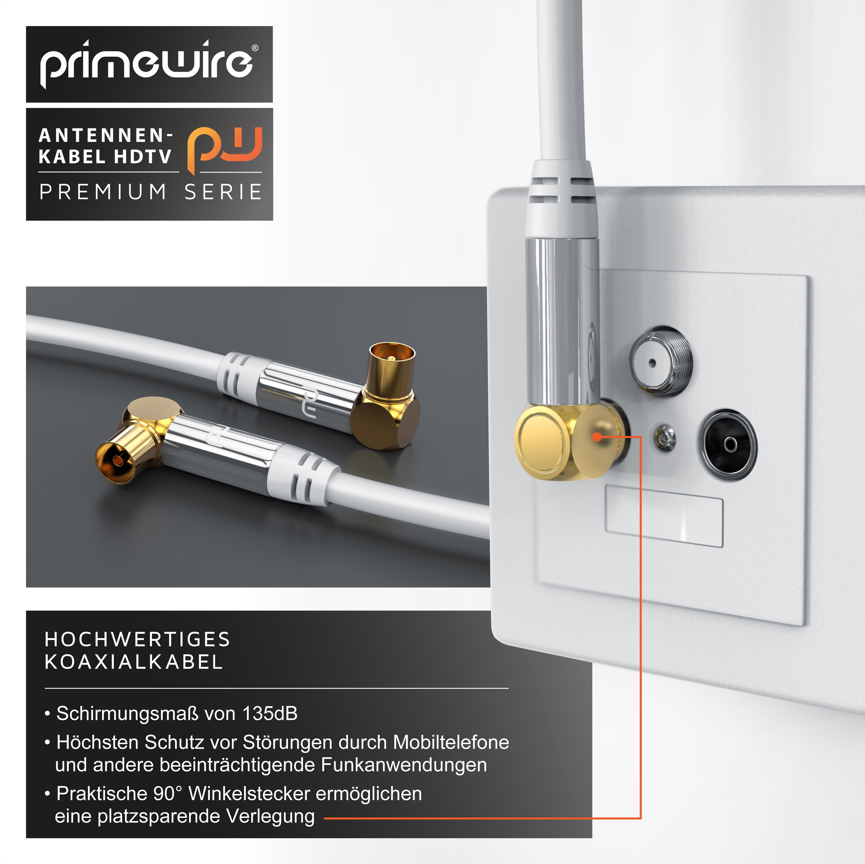 Primewire Antennenkabel 90° gewinkelt, Koax, TV-Kabel, RF, IEC, HDTV, 4-fach Schirmung, 75 Ohm, 120dB - 1,5m