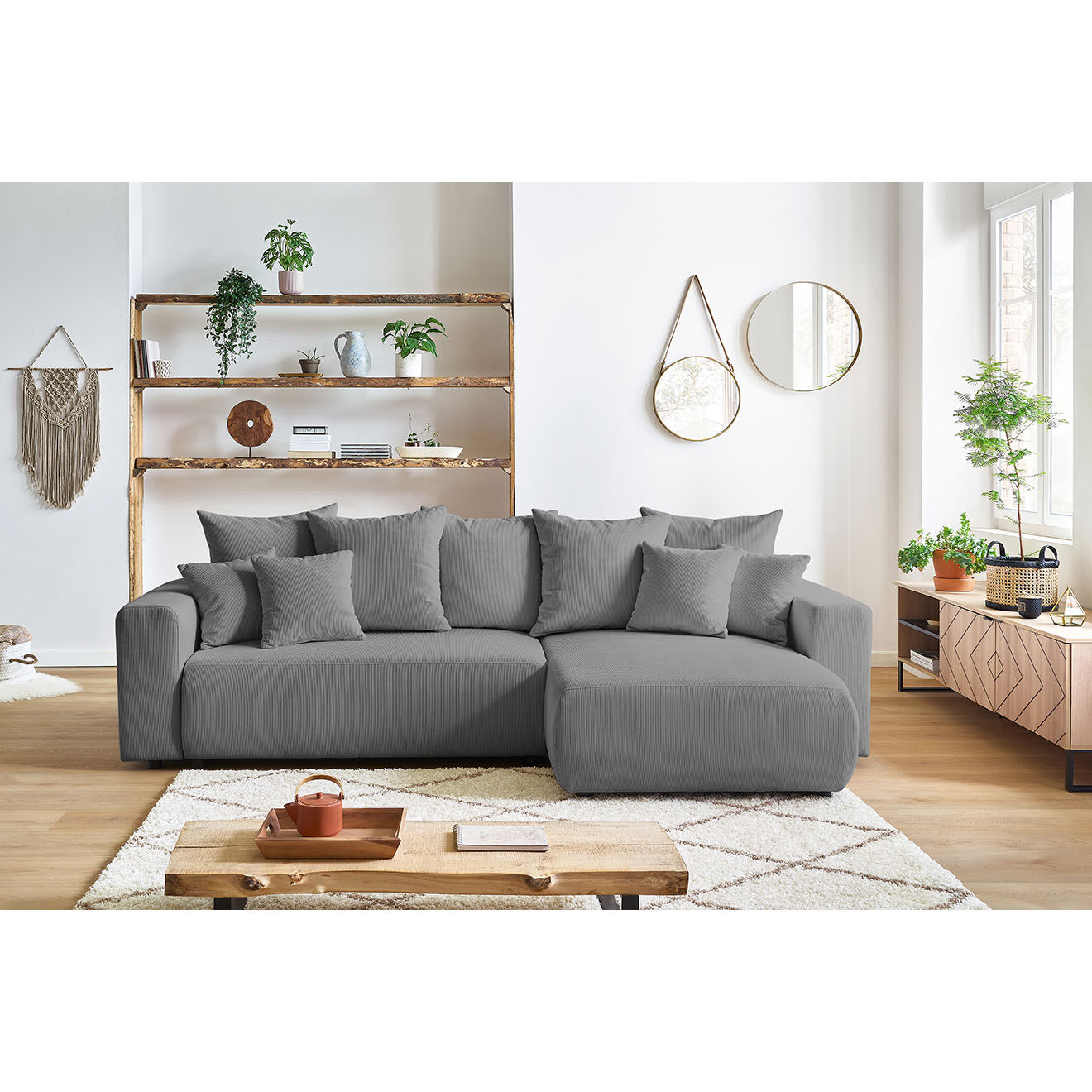 Bobochic Canapé d'angle convertible reversible velours côtelé Envy gris foncé - 282x153x95 cm