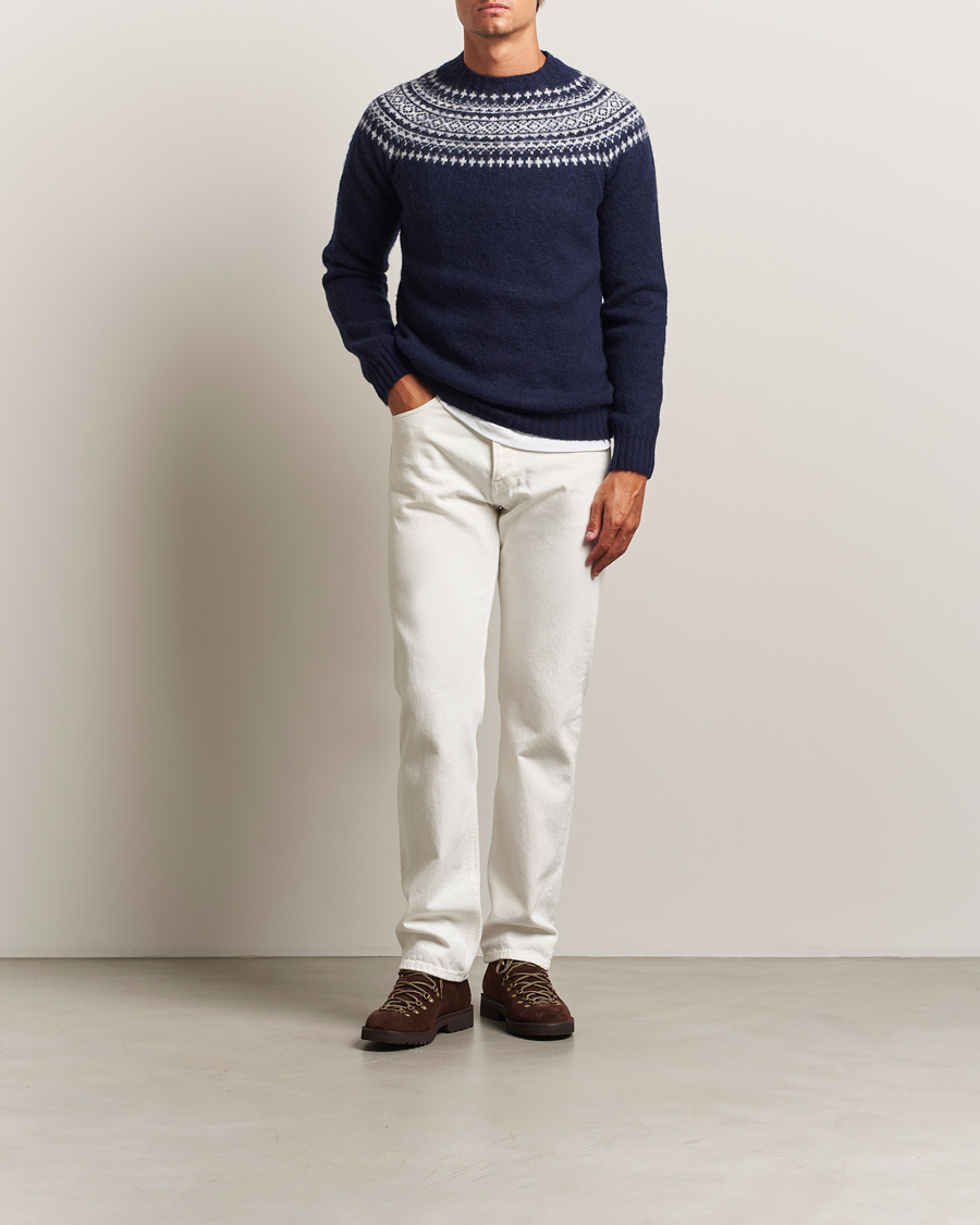 Harley Of Scotland Brushed Supersoft Lambswool Yolk Fairisle Navy