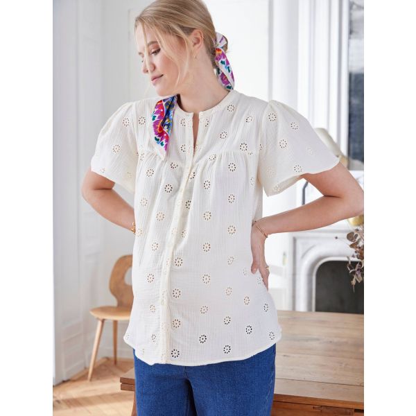 Vertbaudet Blusa Bordada em Gaze de Algodão Especial Gravidez e Amamentação Cru 34