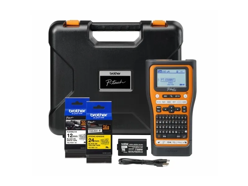 Brother P-Touch PT-E560BTVP - Etikettemaskine - S/H - termo transfer - Rulle (2,4 cm) - 180 dpi - op til 30 mm/sek. - USB 3.0, Bluetooth 5.0 - skærer - spejltryk, Full & Half Cut Function, printforhåndsvisning - sort og orange