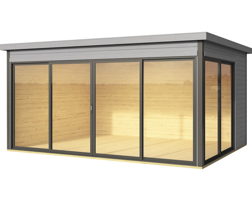 Blokhut Schuur met vloer en antraciet schuifdeur 437 x 341 cm lichtgrijs
