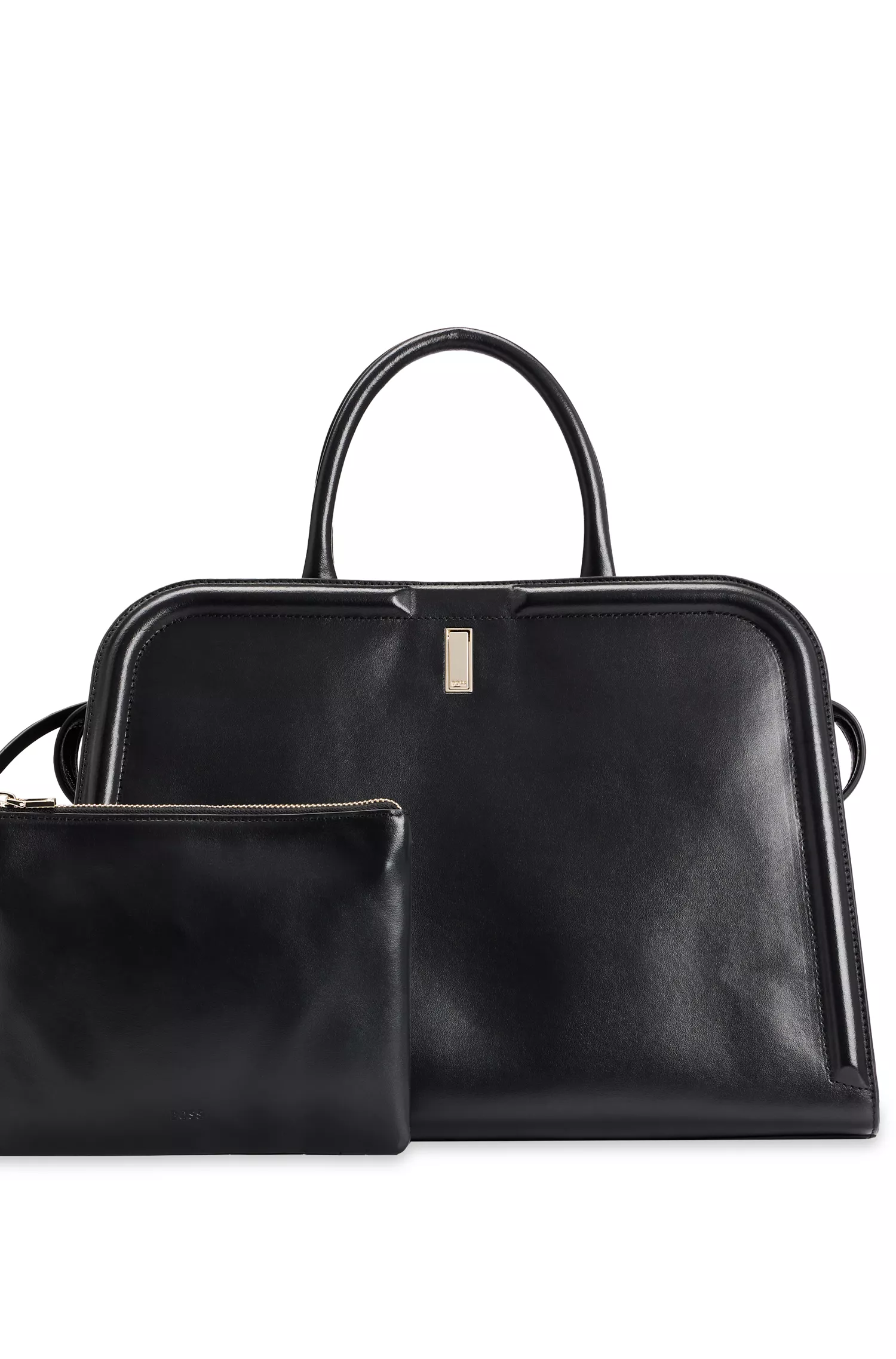 Bolsa tote BOSS em couro preto com nécessaire removível.