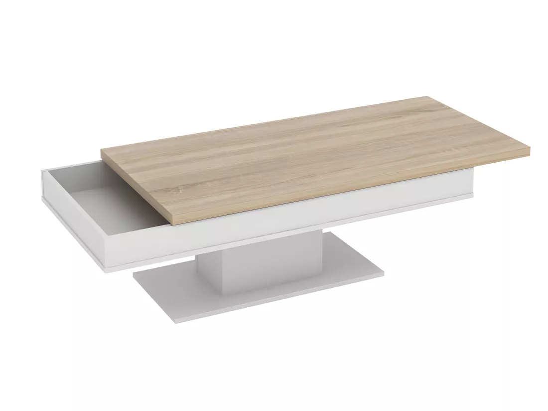 Table basse ASTULIA - avec rangements - Blanc - Plateau effet chêne