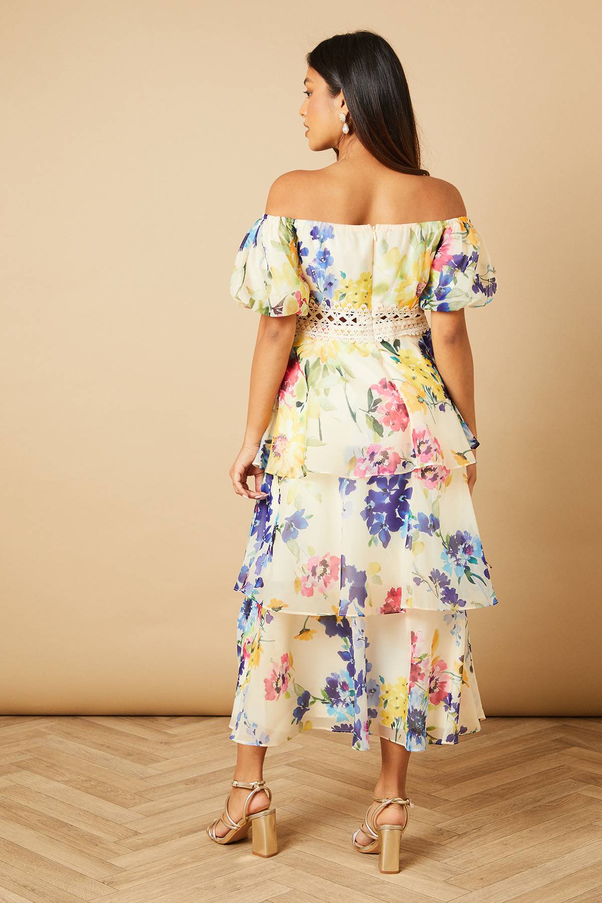 Oasis Robe Midaxi Bardot à Imprimé Floral en Organza