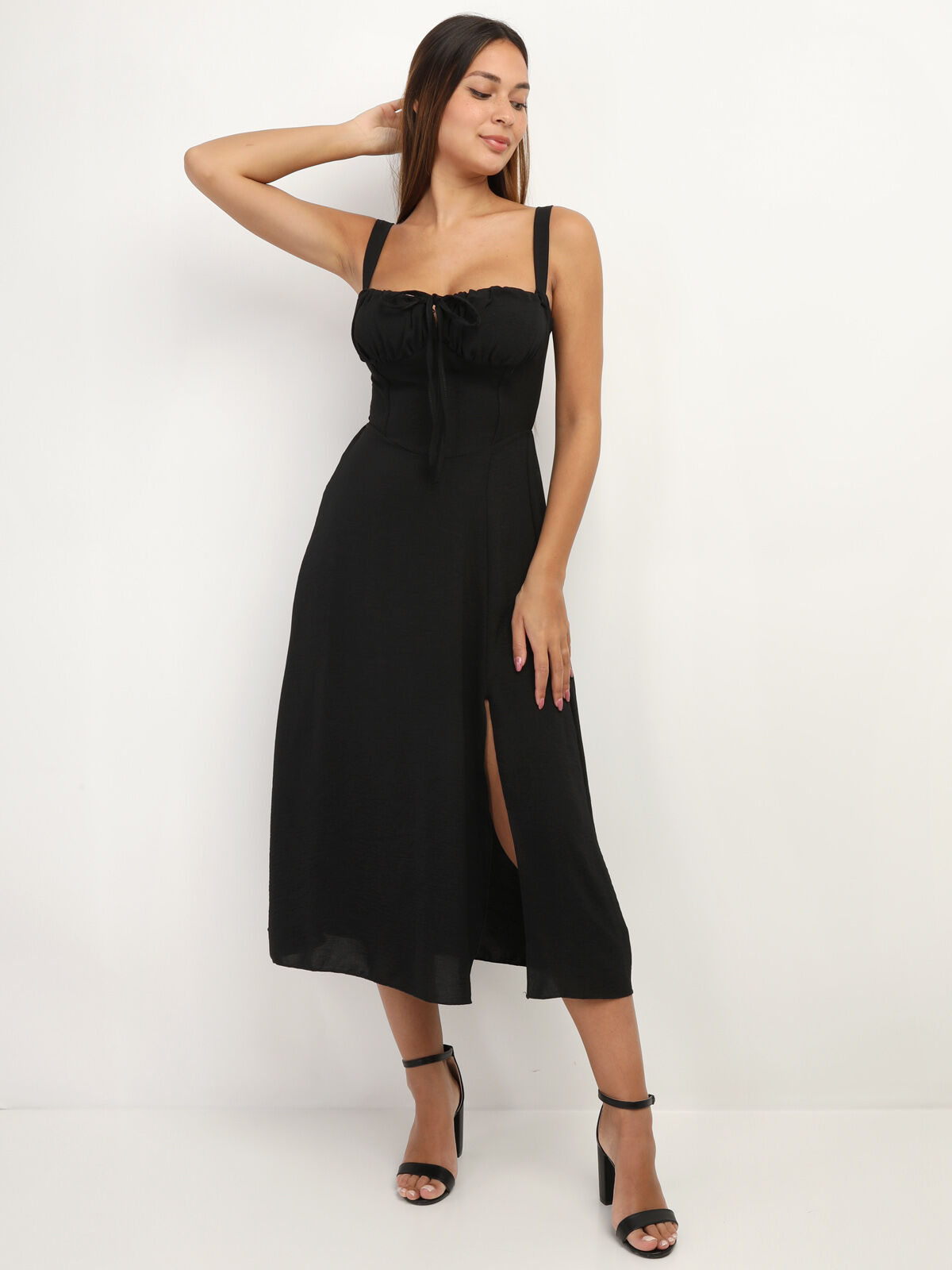 Robe corset mi-longue à fente- Noir