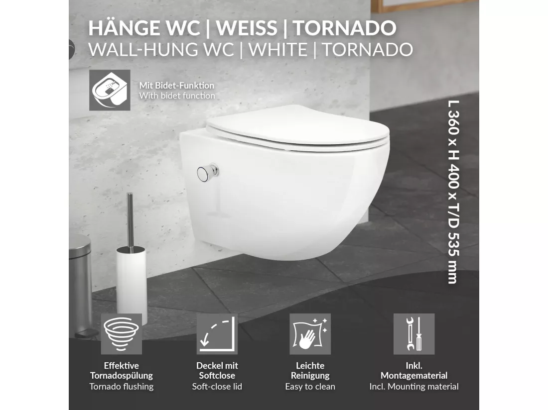 Toilette suspendu sans rebord blanc WC Soft Close fonction bidet salle de bain