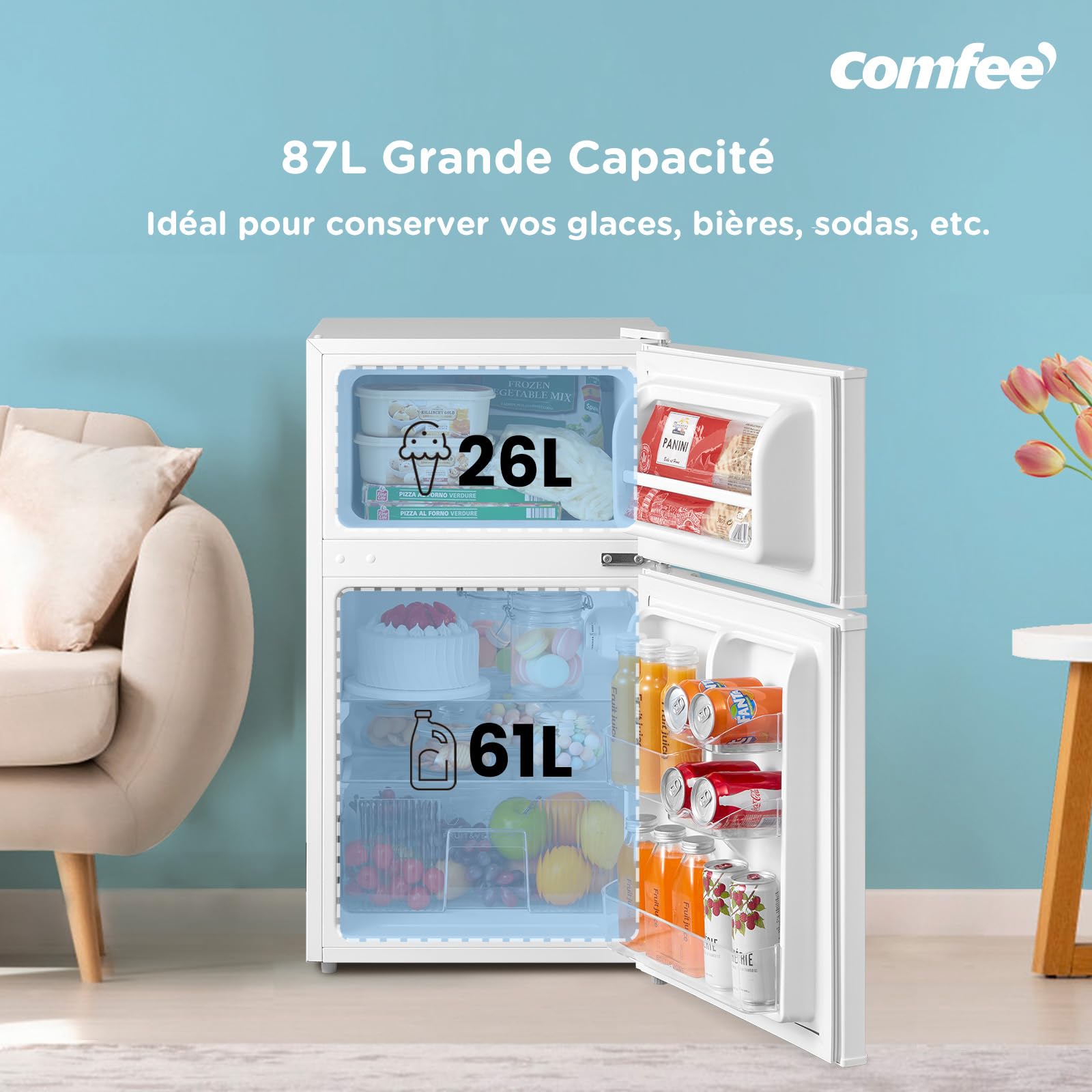 COMFEE' RCT87WH2(E) Réfrigérateur Congélateur Sous Plan, Petit Réfrigérateur Congélateur 87L avec Éclairage, Étagères Amovibles, Thermostats Réglables