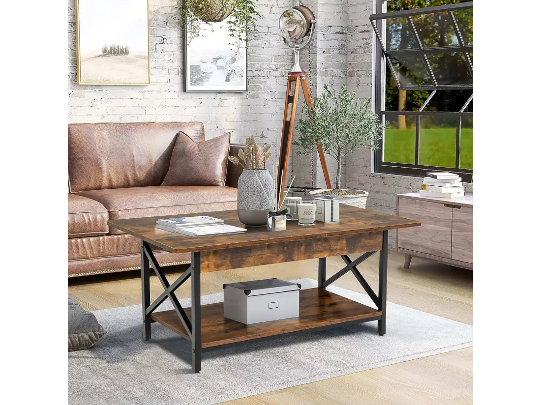 Table Basse à 2 Niveaux, Table Salon Industrielle Plateau en Bois et Cadre Métallique en Forme de X, Pieds Réglables, 110 x 60 x 48 cm (Brun Rustique)