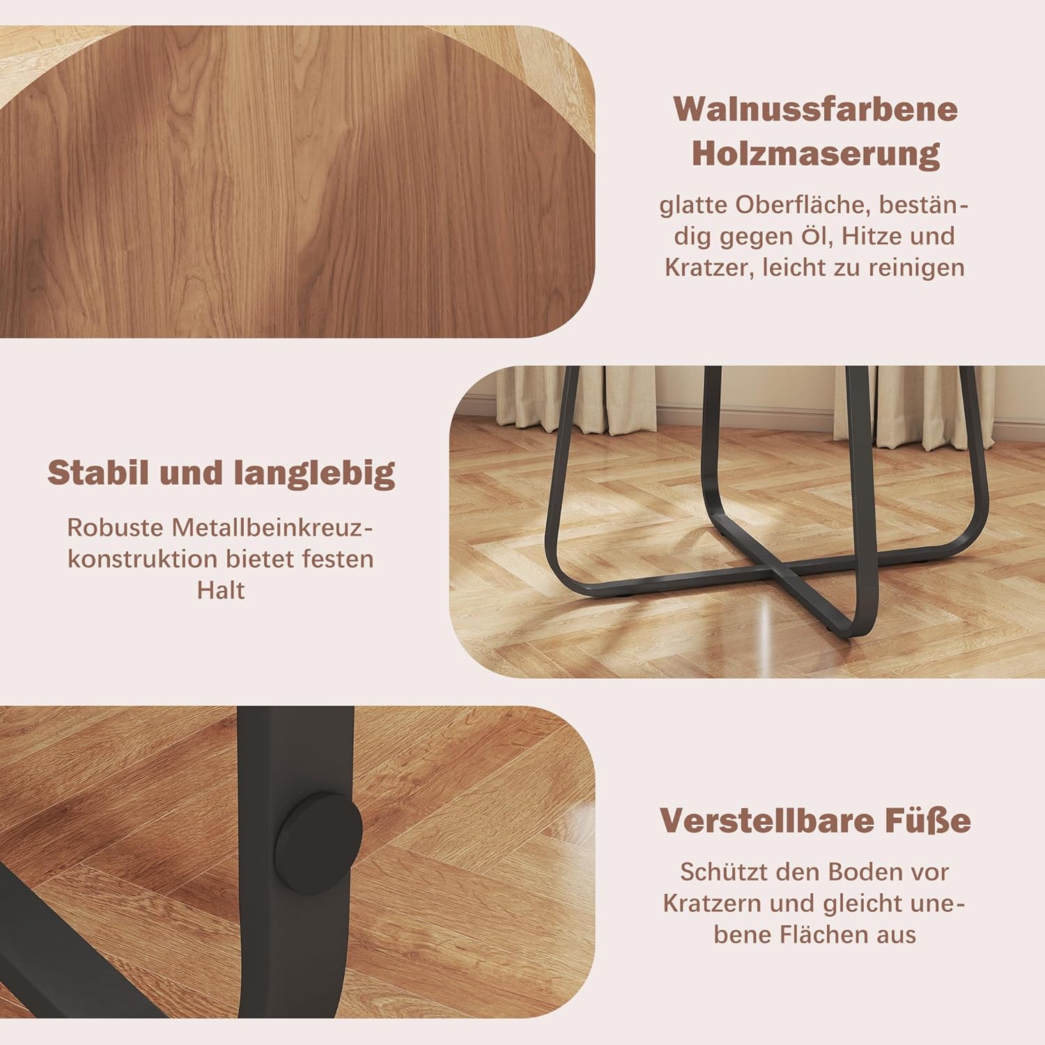 yeshine Runder Esstisch für 4-6 Personen, 120cm Esszimmertisch mit Metallfuß, Küchentisch für Esszimmer, Wohnzimmer, Vintage Braun