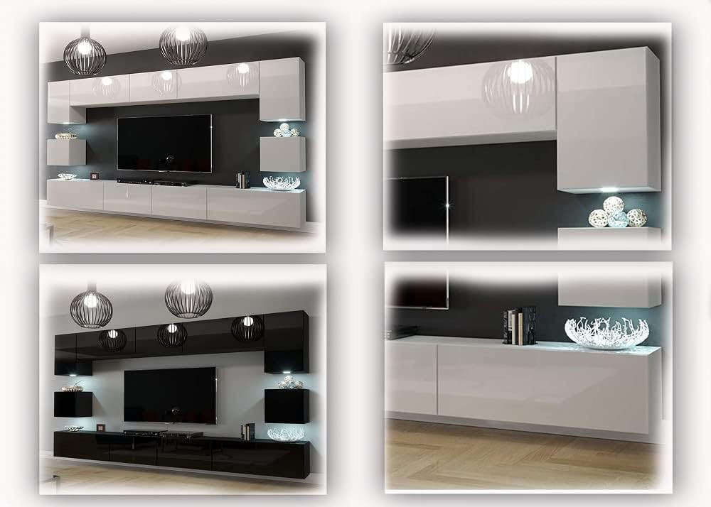 Wohnwand Wohnzimmer Möbel (Weiß) mit LED RGB - 16 Farben - Hängend Wohnzimmerwand Modern - Schrankwand mit Regale und TV Schrank (Nowara AN1-17W-HG21 1C)