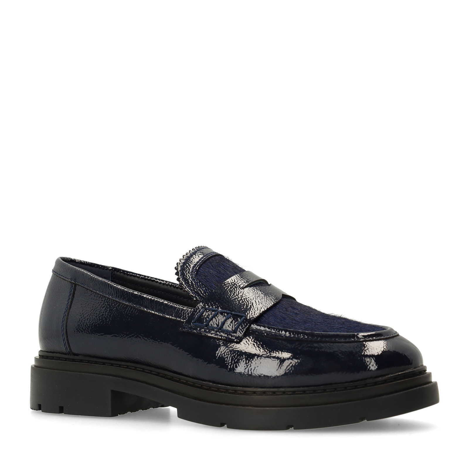 Donkerblauwe lakleren loafers met pony hair