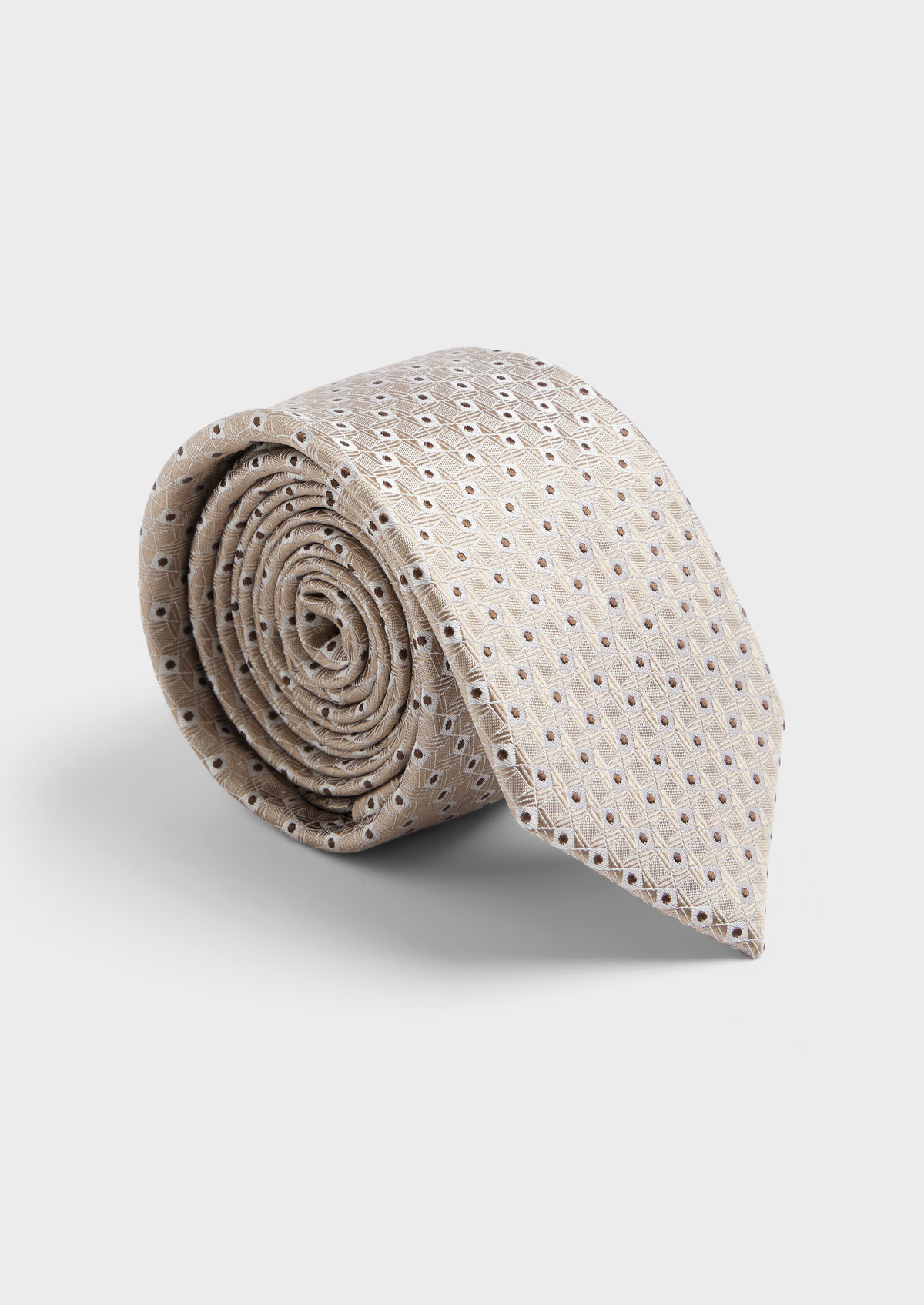 Cravate large en soie beige à motif fantaisie marron