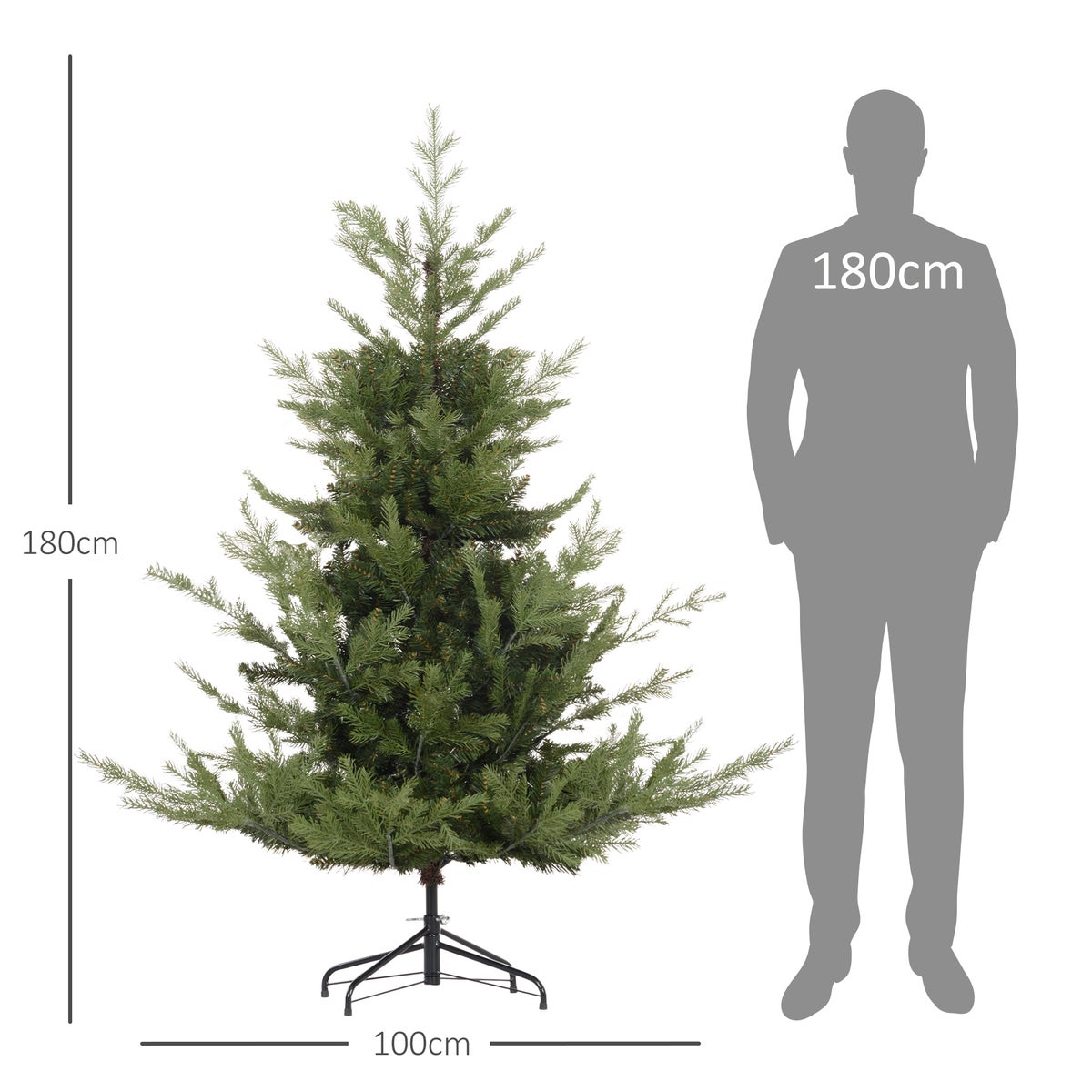 HOMCOM 180 cm Kunstkerstboom, Levensecht, Dichte Takken, Kerstboom met 1942 Takpunten, Realistische Look voor Kerstvieringen, Groen