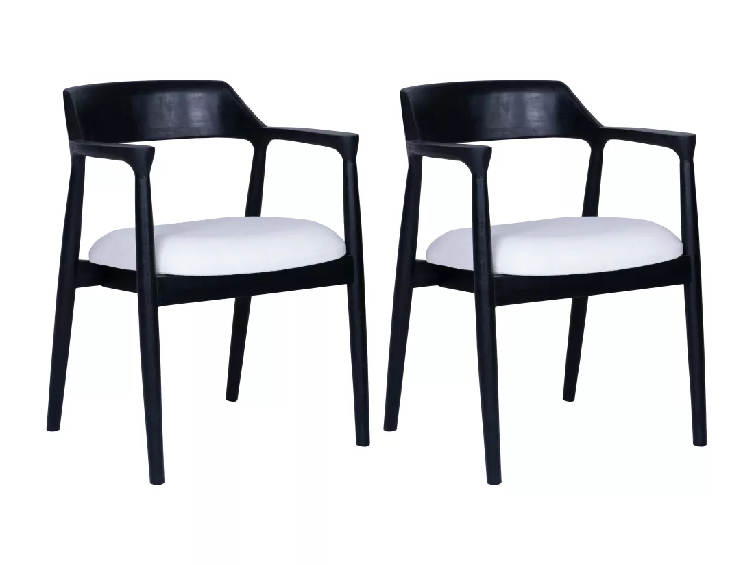 Lot de 2 chaises avec accoudoirs en teck et tissu bouclette - Noir et Blanc - SOUADY