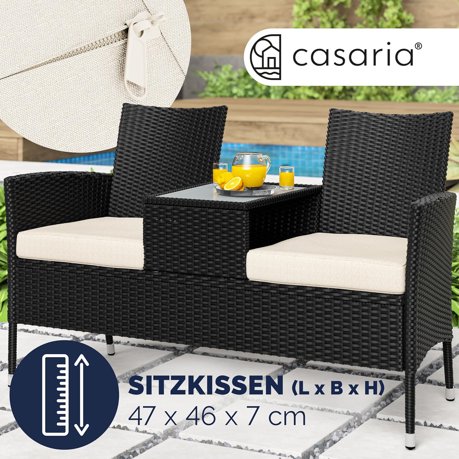 Casaria® Gartenbank Sitzbank inkl. Auflagen Wetterfest Polyrattan 320kg Belastbar Tisch Ablage UV-beständig Garten Balkon Bank 2-Sitzer 143x55cm Schwarz