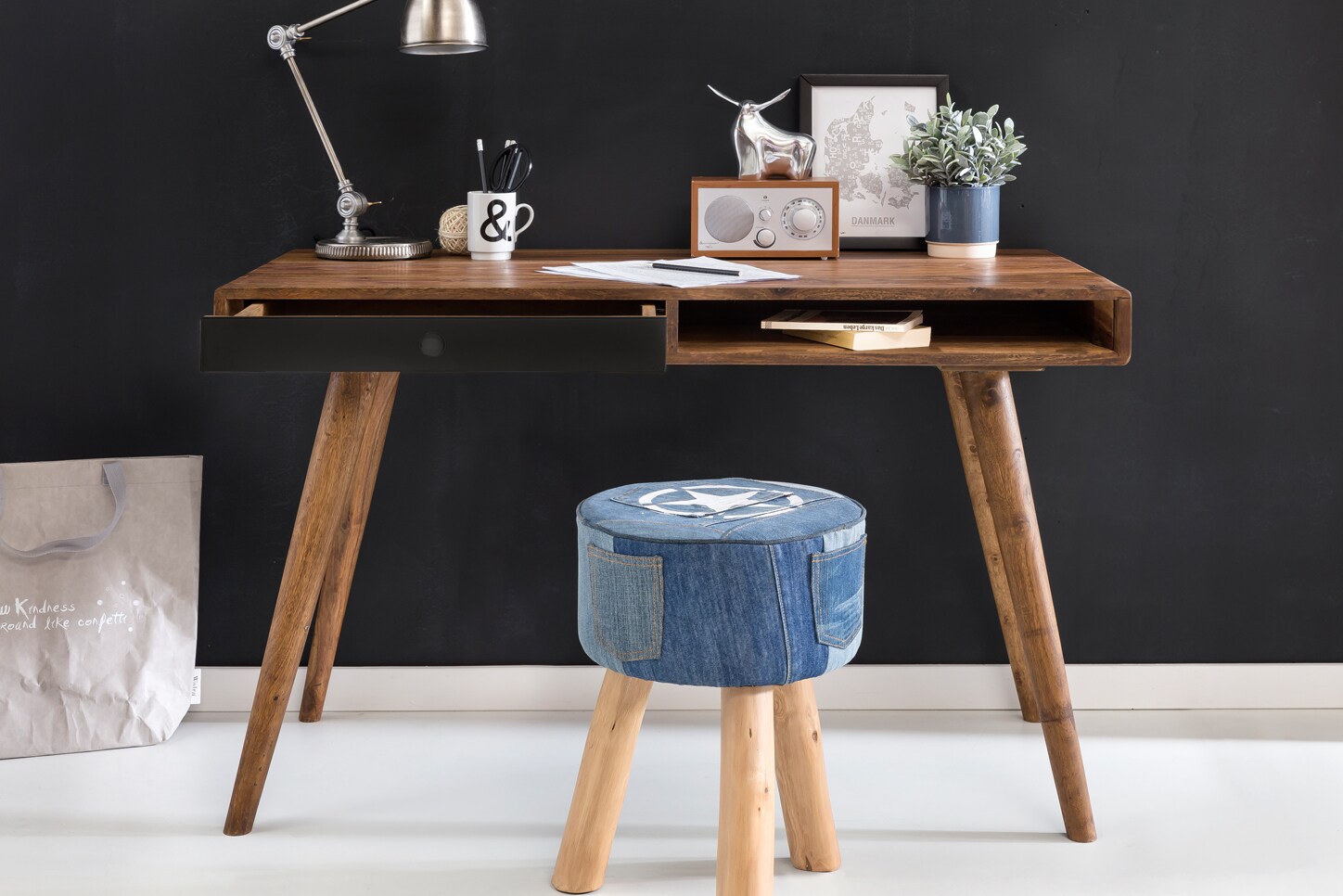 KADIMA DESIGN SAVIO Massivholz Schreibtisch: Retro Stil, viel Stauraum, 50 kg Belastbarkeit