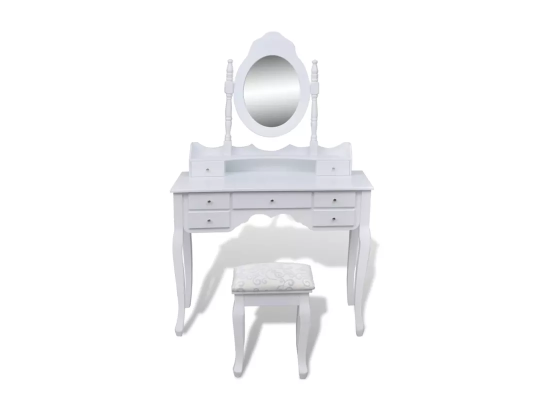 Coiffeuse avec miroir et tabouret 7 tiroirs Blanc