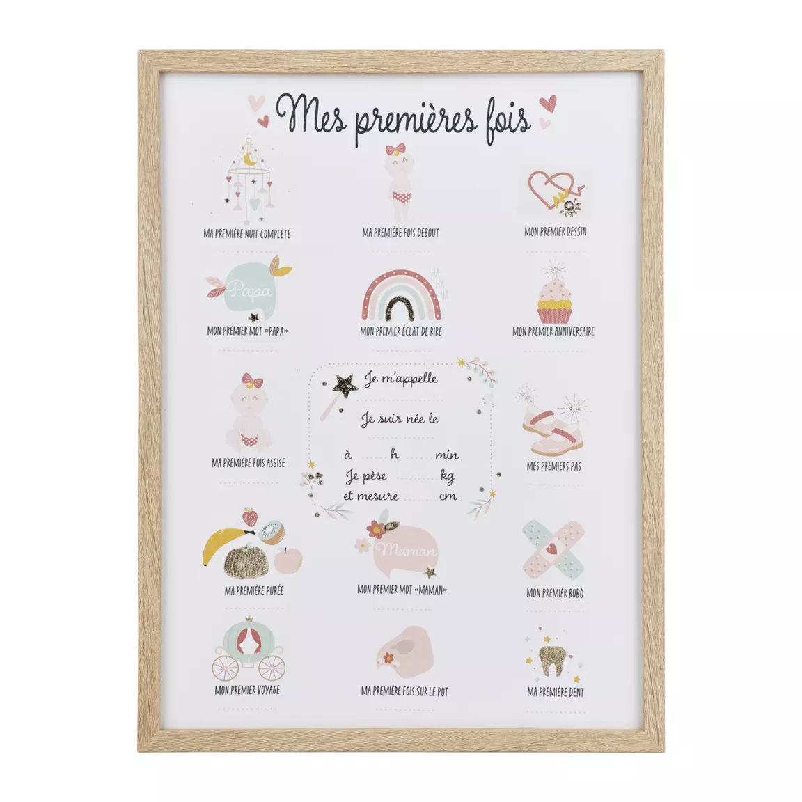 Toile murale enfant et stylo (30 x 40 cm) Mes premières fois Lila Beige