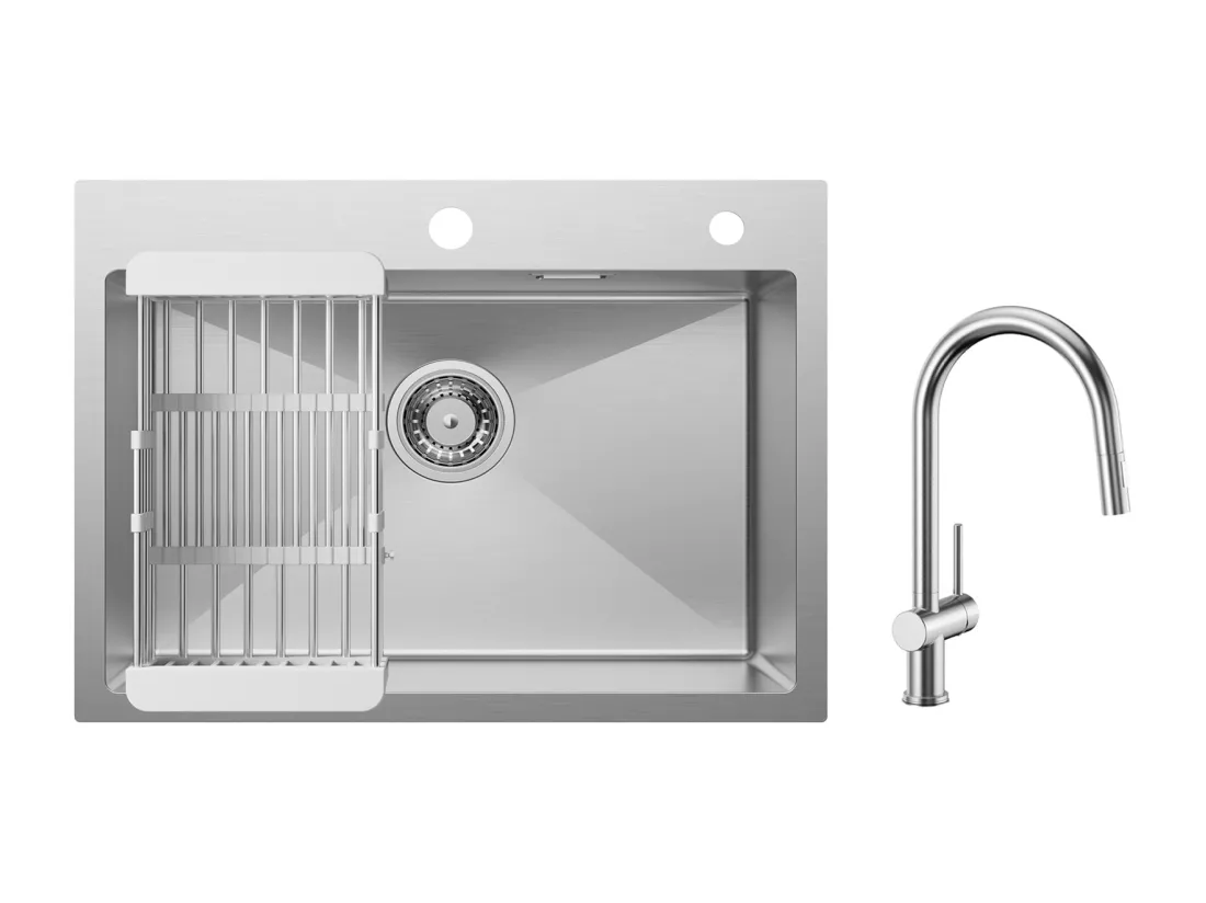Cecipa max Évier Cuisine 1 Bac 60×45×18CM Évier Inox Brossé avec Panier de Drainage + Mitigeur de Cuisine avec Douchette Extractible Brossé
