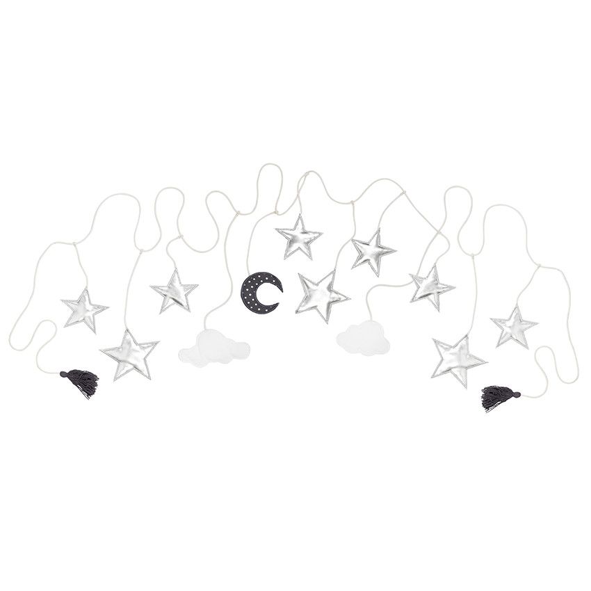 Guirlande décorative avec suspensions nuages, lunes et étoiles - Gris/Vert
