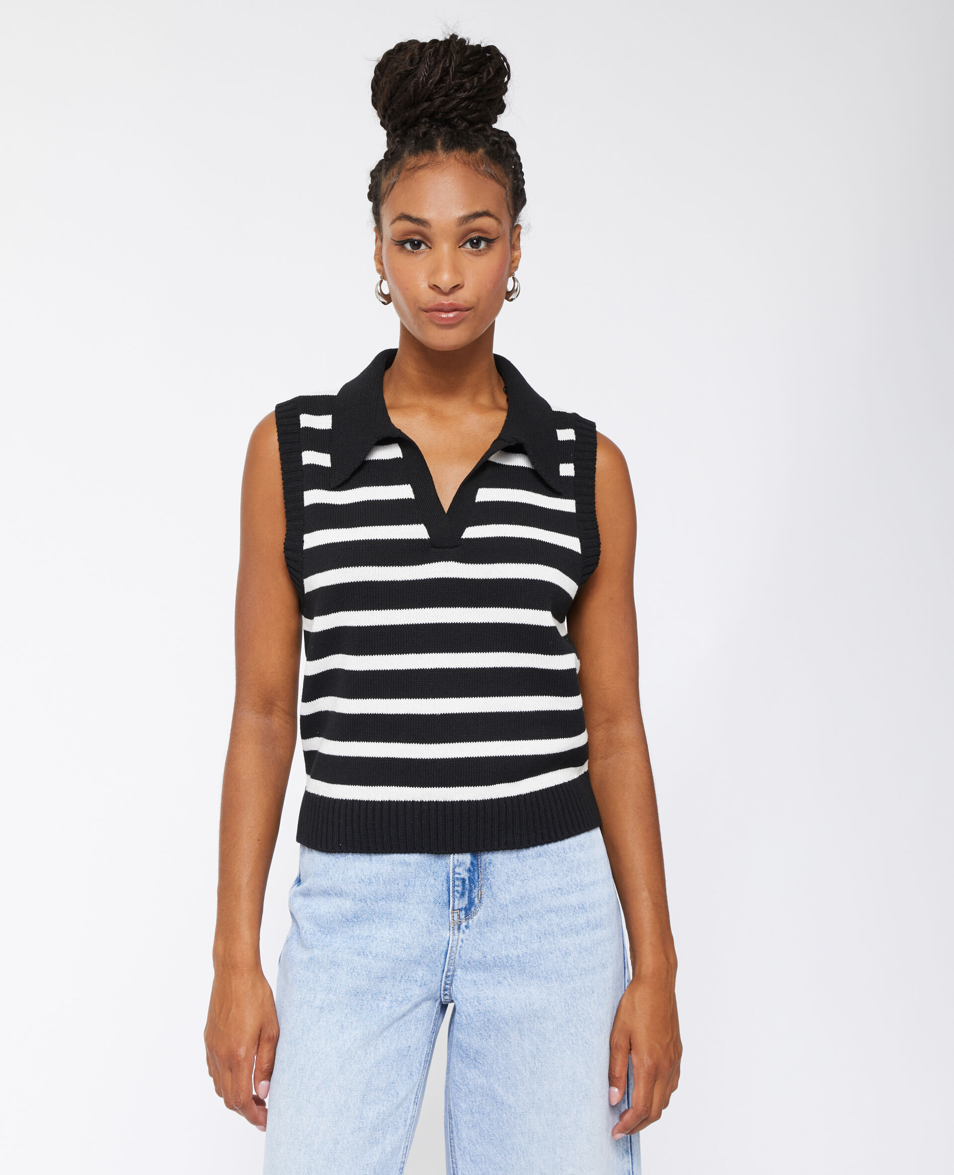Pull sans manche motif rayures avec col - Noir