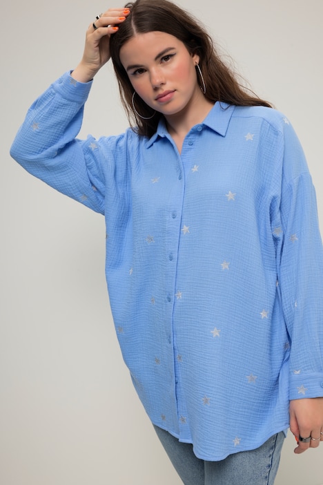 Hemdbluse, oversized, Musselin, Hemdkragen, Langarm, Stickerei