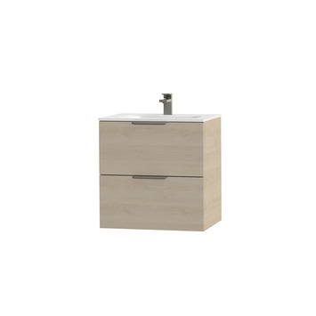 Tiger Studio badkamermeubel 60 cm naturel eiken met wastafel polybeton mat wit greep rvs plat