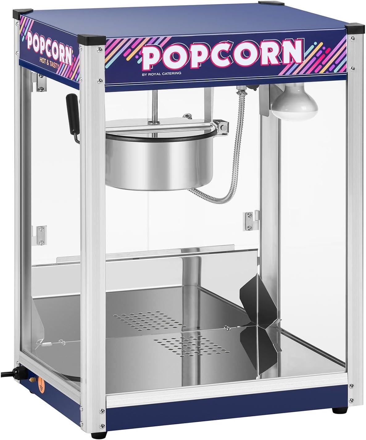 Royal Catering Popcornmaschine Retro-Design in Blau 1500 W 5 kg/h beleuchteter Innenraum entnehmbarer Topf mit Antihaftbeschichtung perforierter Boden Krümelschublade