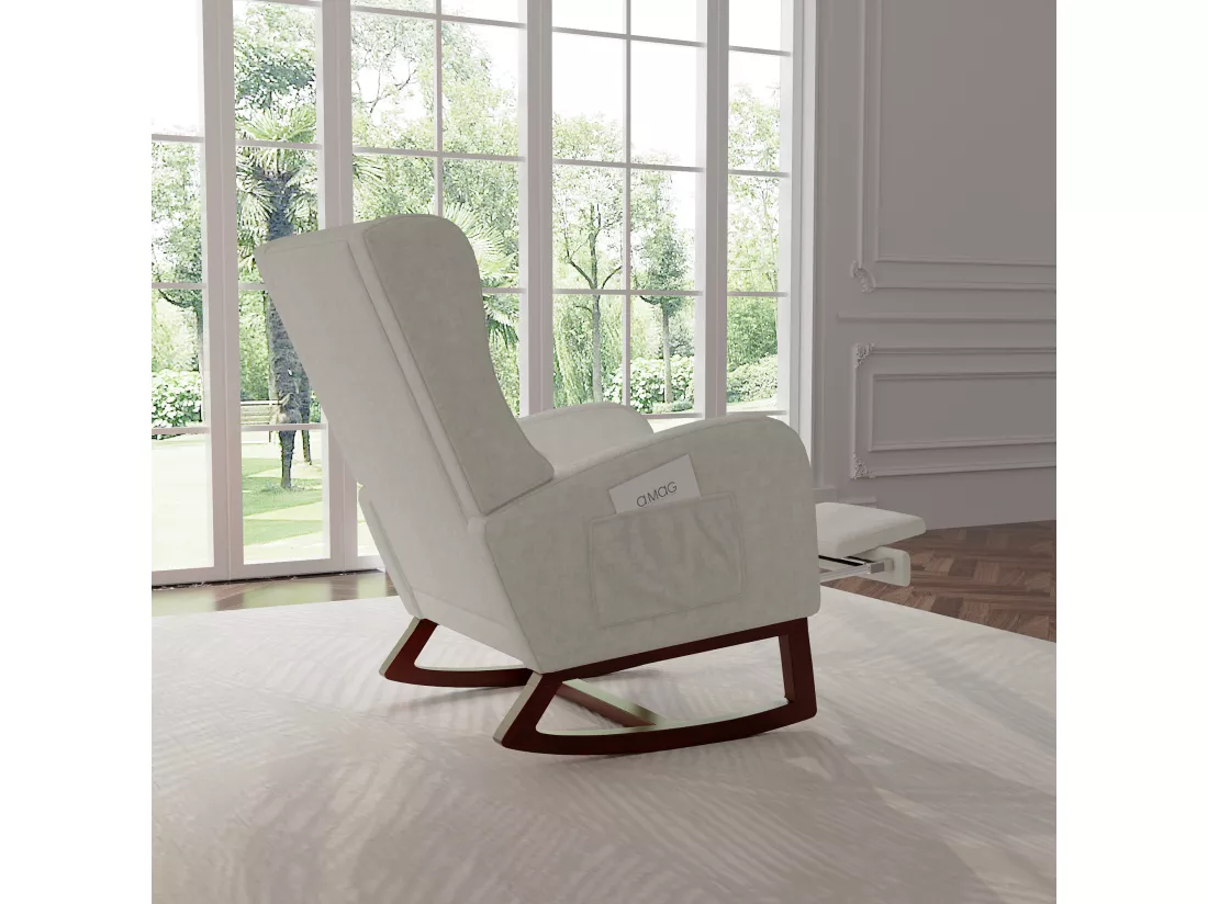 Fauteuil à bascule, Chaise à Bascule avec Repose - Jambes Rétractable Chaise avec Dossier Haut en Bois Massif Chaise Berçante pour Salon, Chambre, Jusqu'à 150 kg - Gris