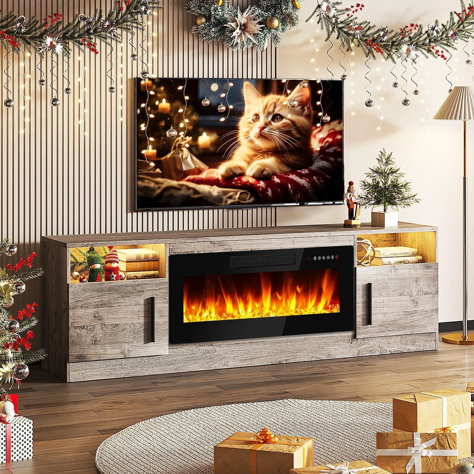 Bossin 70 Fireplace TV Stand with 36 Electric Fireplace, TV Stand for TVs Up to 80, 16 Colors LED Lights/Entertainment Center