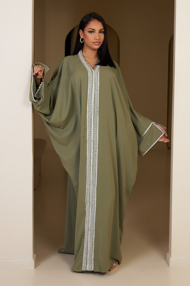Abaya kaki à empiècement perle argenté